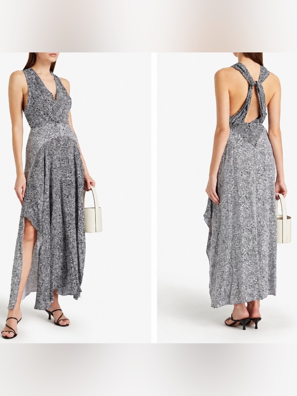 Maje Paris Halter Open Back Maxi Dress Animal Print Flowing Black White 36